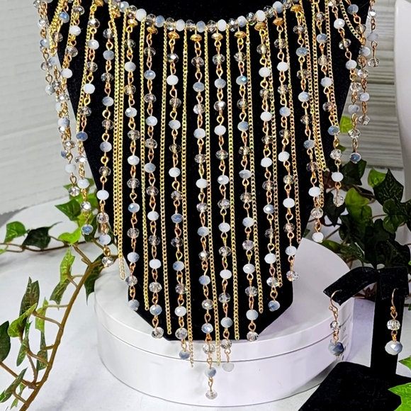 Statement Choker Necklace Earrings Set Cascading Crystal and Chain Waterfall - Picture 6 of 11